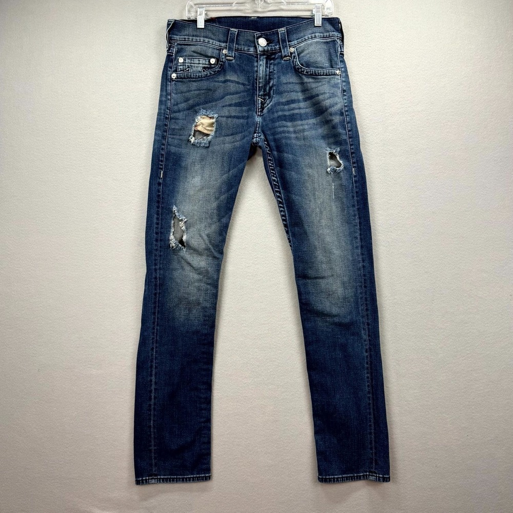 True Religion Jeans Mens 32x34 Blue Denim Pants Distressed Faded Slim Midnight